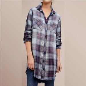 Anthropologie Cloth and Stone Frayed Plaid Flannel Shirt Dress Tunic Small